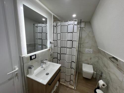 a bathroom with a sink and a toilet and a mirror at Doel House Zues in Shkodër