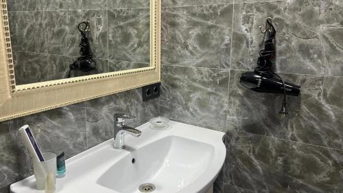 a bathroom with a sink and a mirror at JEPPESEN RESIDENCE in Almaty