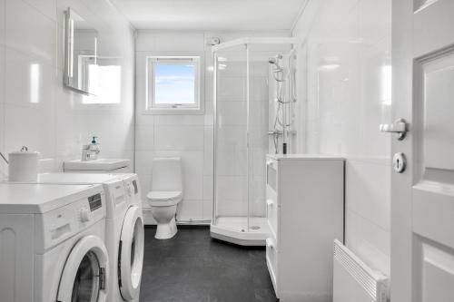 a white bathroom with a washing machine in it at Napp kystfiske rorbu/leilighet in Napp