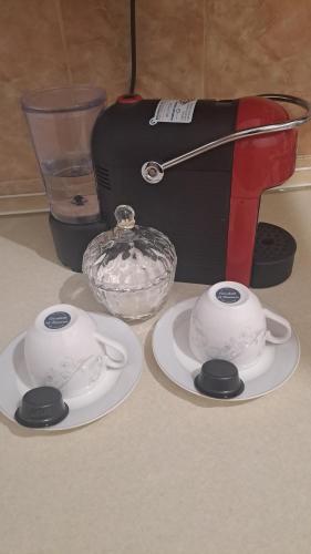 a counter with two plates and a mixer and a bowl at Apartments Nadja in Kotor