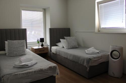 リュブリャナにあるŠeherezada Roomsの窓が2つある部屋にベッドが2つある