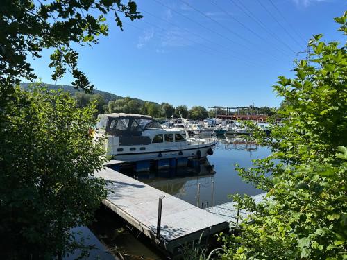 a boat is docked at a dock in a marina at Moderne FerienWohnung NeuBau Merzig in Merzig