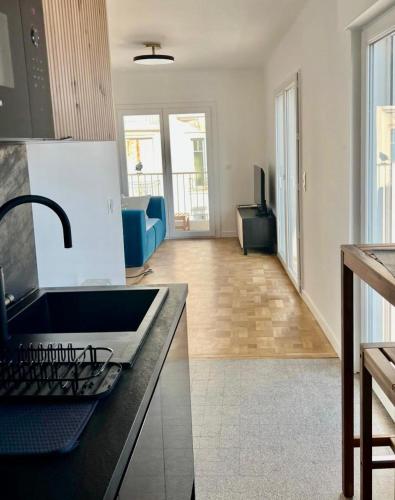 Il comprend un salon et une cuisine avec un comptoir et un évier. dans l'établissement Appartement Vue Mer T2 Cosy, Plage à pied 3 mins, Coucher de Soleil, Parc privé, à Nice