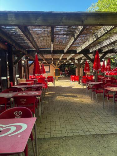 un groupe de tables et de chaises avec des parapluies rouges dans l'établissement Mobilhome au bord du lac, à Saint-Gérons