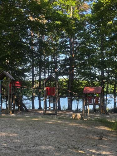 un chien pondant sur le terrain à côté d'une aire de jeux dans l'établissement Mobilhome au bord du lac, à Saint-Gérons