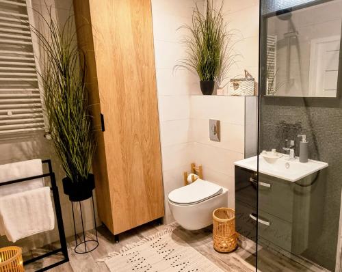 a bathroom with a toilet and a sink at Srebrna Ostoja 65- Atlas Arena, PIOTRKOWSKA, Manufaktura, PRYWATNY PARKING in Łódź