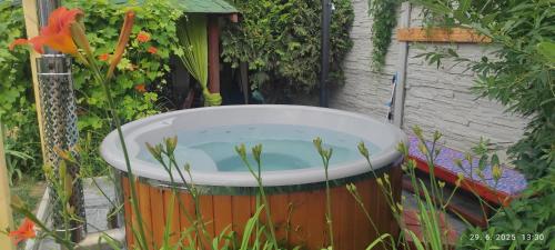 a large barrel with a pond in the yard at Petúnia-dom s dvoma spálňami in Bešeňová