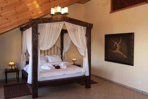 a bedroom with a canopy bed with a child laying on it at The Pearl of the Golan - Pnina BaGolan in Had Nes