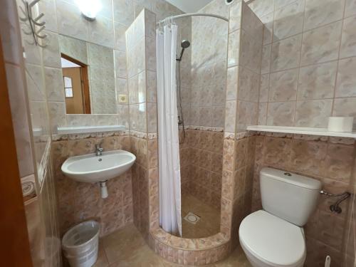 a bathroom with a shower and a toilet and a sink at Dom Gościnny Sówka in Pobierowo