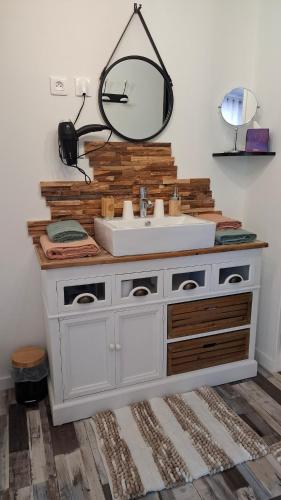 a bathroom with a sink and a mirror at chambre d'hotes studio des tourterelles in Champniers