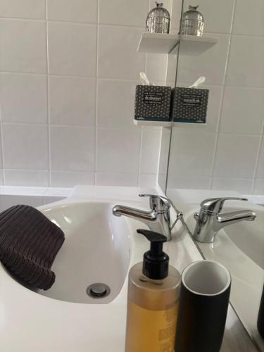a bathroom sink with a soap dispenser next to it at Chambre d'Hôtes du Domaine de Gargoris, Terrasse Privée & Piscine in Pont-du-Casse