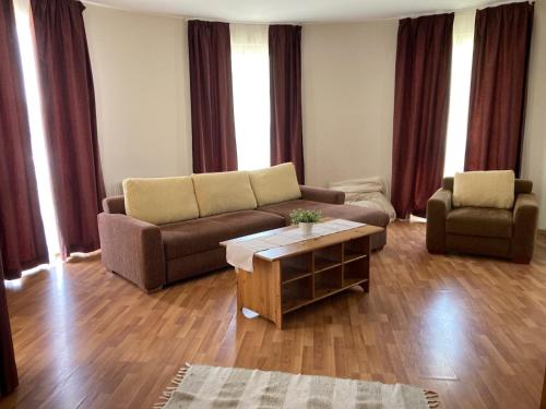 a living room with a couch and a coffee table at Apartman N in Pusztavacs