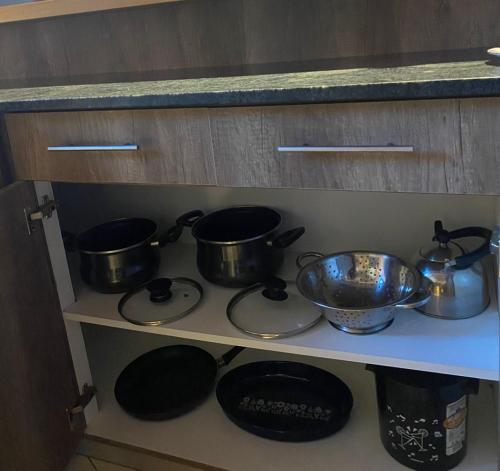 a kitchen counter with pots and pans on a shelf at Chalet Liwen in San Martín de los Andes