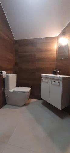 a bathroom with a toilet and a sink at Apartamenty Kraków-Bielany in Kraków