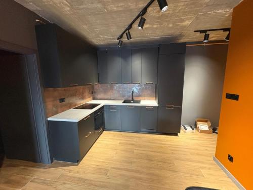 an empty kitchen with blue cabinets and a sink at Apartament Baltic 13 Mielno in Mielno
