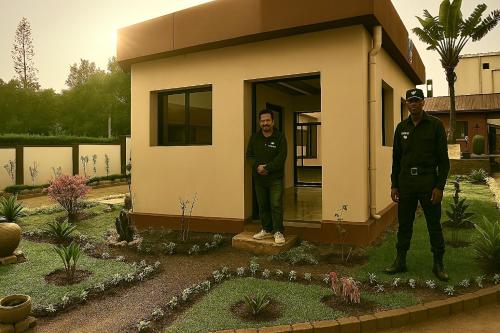 two men standing in front of a small house at La suite by Aren'Ala - Résidence Volavita in Antsirabe