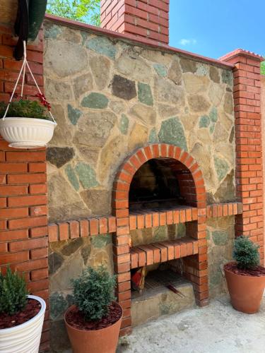 a brick pizza oven with two potted plants at Villa Platinum in Tskaltubo