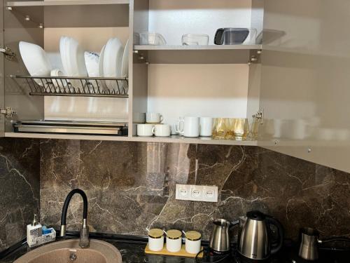 a kitchen with a sink and shelves with dishes at Villa Platinum in Tskaltubo