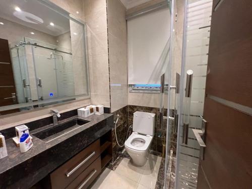 a bathroom with a toilet and a sink and a mirror at Modern 3 bedroom Penthouse in Cairo