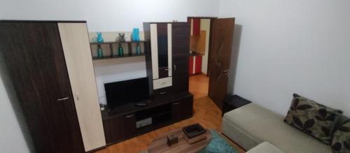 a living room with a couch and a entertainment center at Blue Butterfly Apartment - Cozy and Stylish Stay in Sibiu