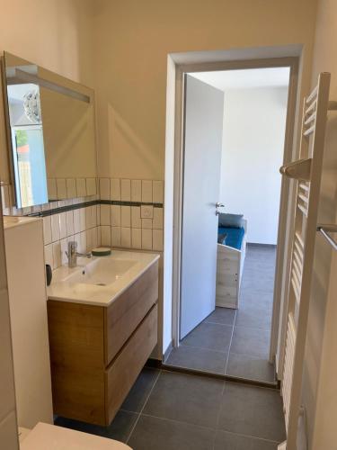 un bagno con lavandino e specchio di Les Cazalits a La Teste-de-Buch