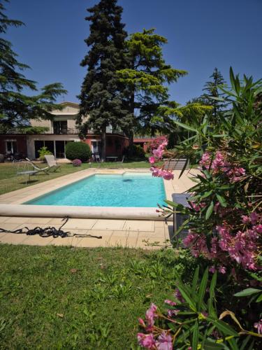 a swimming pool in a yard with pink flowers at EPICEAH Loft à la campagne à 10 mn de Valence in Valence