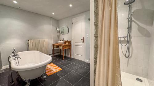 a bathroom with a tub and a sink and a shower at La Maison de Cécile in Cahan