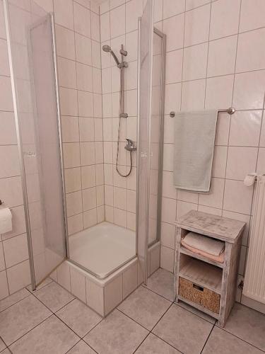a bathroom with a shower with a glass door at Ferienwohnung Mario Jank Calau in Calau