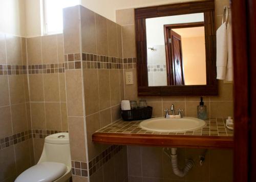 a bathroom with a sink and a toilet and a mirror at The Diving Lodge Downtown in Puerto Morelos