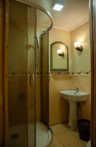 a bathroom with a shower and a sink at Готель Згарда in Dragobrat