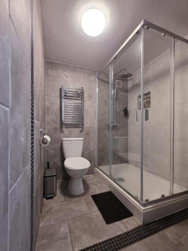 Un baño con ducha de cristal y un inodoro. en The Courtyard Lodge, en Hitchin