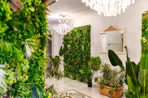a room with a green wall with plants at Zig-Zag 17 apartment in Constanţa