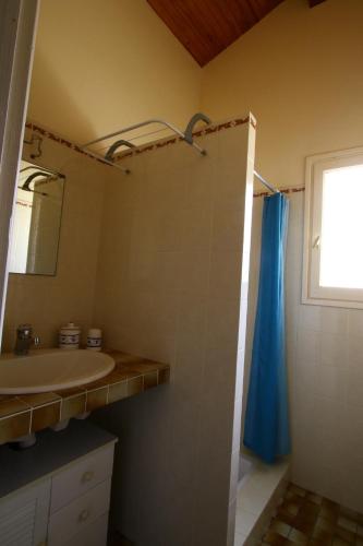 La salle de bains est pourvue d'un lavabo et d'un rideau de douche bleu. dans l'établissement Spacieuse maison familiale entre pins et océan jusqu'à 10 personnes, à Tosse