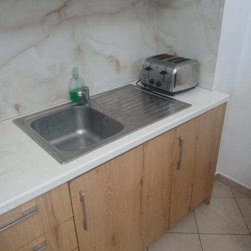 a kitchen counter with a sink and a toaster at Saranda Kodra Underground Flat in Polisi i Vogël