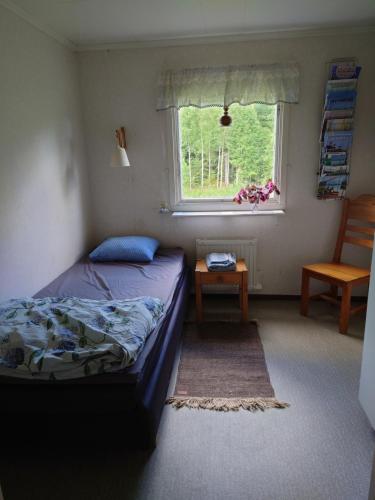 ÅsarpにあるStuga vad vattenのベッドルーム1室(ベッド1台、窓、椅子付)