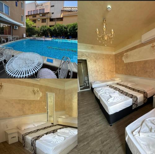 a hotel room with two beds and a swimming pool at SUNRISE Suites BAHAMI in Sunny Beach