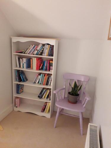 a chair and book shelf with a potted plant at mature 4 bedroom home with relaxing garden and wonderful views in Carlow