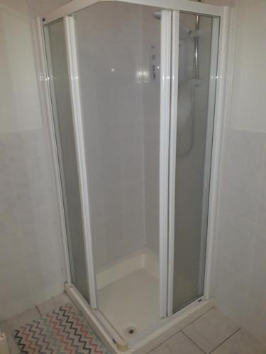 a shower with a glass door in a bathroom at mature 4 bedroom home with relaxing garden and wonderful views in Carlow
