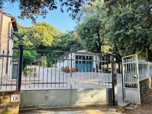 een poort naar een tuin met potplanten bij Cozy house in the Chianti region in Castelnuovo Berardenga