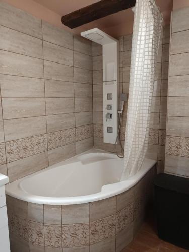 a bath tub in a bathroom with a shower at Tengelice-ház in Réde