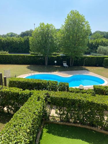 een zwembad in een tuin met struiken bij Casa Luisa in Desenzano del Garda