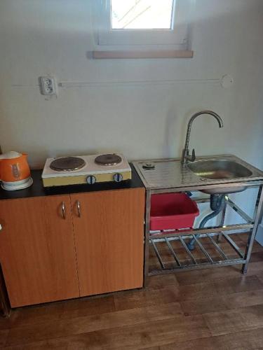 a kitchen with a sink and a stove and a sink at Letní chata u staré cihelny in Škvořetice