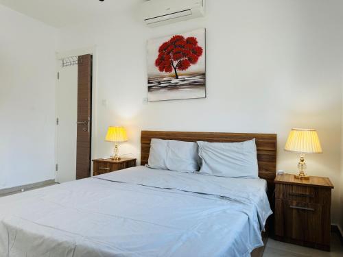 a bedroom with a white bed with two lamps at North Residence Havuz Manzaralı Daire in Kérynia