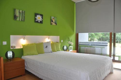 1 dormitorio con cama blanca y paredes verdes en Casas Vale Martinho, en Santa Comba Dão