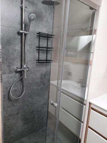 a shower with a glass door in a bathroom at T&E Apartament in Żywiec