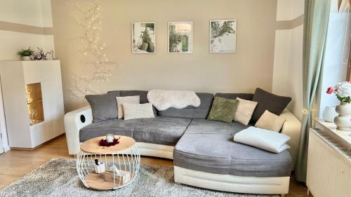 a living room with a gray couch and a table at Idyllisches Dorfhaus vor Usedom in Gützkow