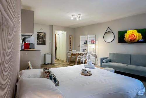 un salon avec un lit et un canapé dans l'établissement Hibou vieille ville charme de l ancien, à Annecy