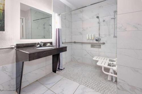 a white bathroom with a sink and a shower at La Quinta by Wyndham Alvarado in Alvarado