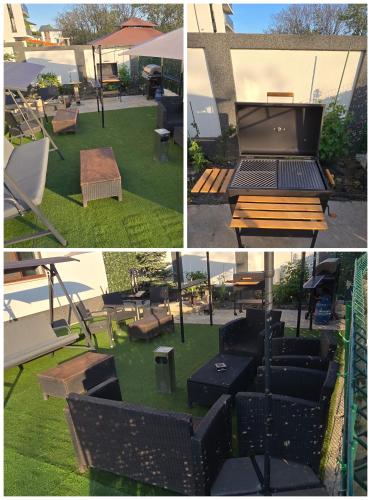 a collage of four pictures with a picnic table and a laptop at AmurResidence 64 Sauna Parking Barbeque in Iaşi