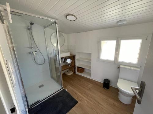 a bathroom with a shower and a toilet at Le Gîte de Julia in Saint-Laurent-de-Médoc